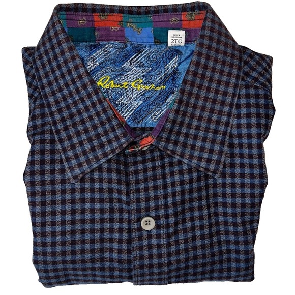 Robert Graham Paisley Flip Cuff Shirt 2XL Purple Check Button Up‎ Long Sleeve - Picture 1 of 7